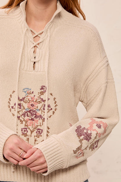 Mock neck knit with floral embroidery #6335O-5619 - Tribal