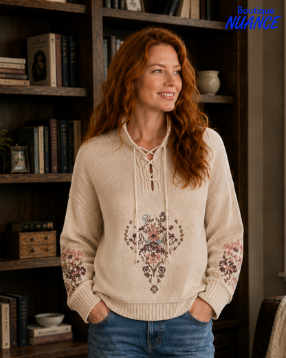 Mock neck knit with floral embroidery #6335O-5619 - Tribal