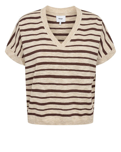 Chandail beige à rayures noires, manches courtes, col V, par NÜMPH #704064