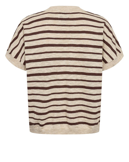 Chandail beige à rayures noires, manches courtes, col V, par NÜMPH #704064