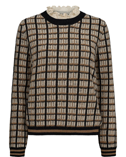 Checkered sweater with round neck and solid-color cuffs, by Nũmph #704711