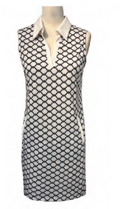Sleeveless dress with mesh patterns and shirt collar with faux buttonhole, by Orly #800-16