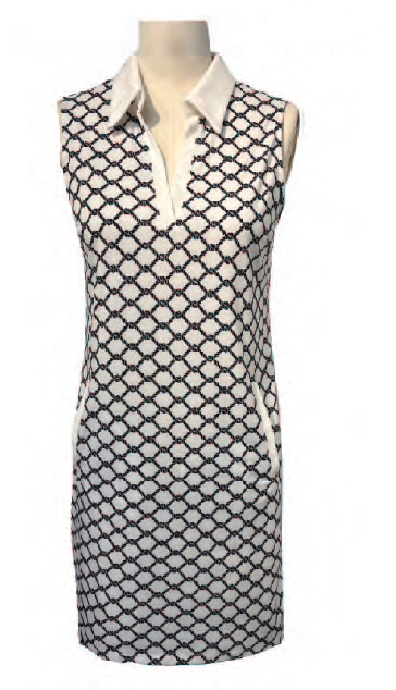 Sleeveless dress with mesh patterns and shirt collar with faux buttonhole, by Orly #800-16