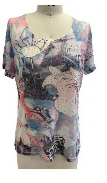 Round-neck T-Shirt with prints in shades of blue and pink, by Orly #801-02