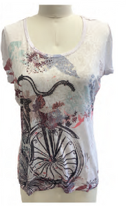 Round-neck T-Shirt with old bike and flowers print, by Orly #801-10