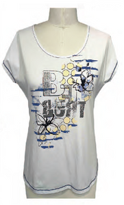 White round-neck T-shirt with prints and contrasting blue stitching by Orly #805-03