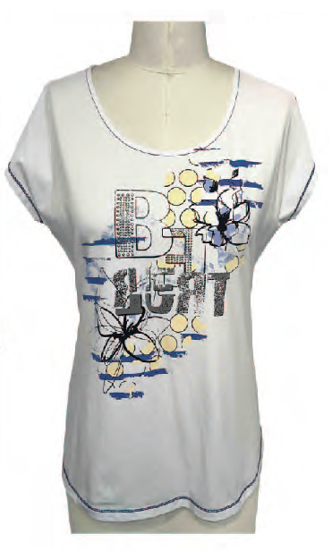 T-Shirt blanc à col rond avec imprimés et coutures bleues contrastantes par Orly #805-03
