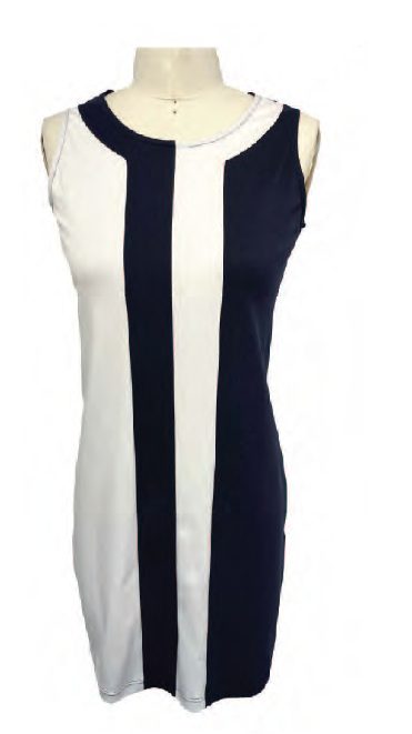 Sleeveless dress with black and white vertical stripes, by Orly #807-03