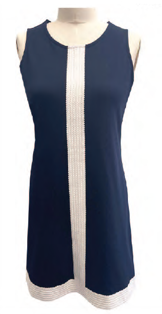 Navy sleeveless dress with vertical band and cream-colored hem, by Orly #807-10