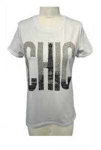 White t-shirt with CHIC print, round neck, by Orly #808-10