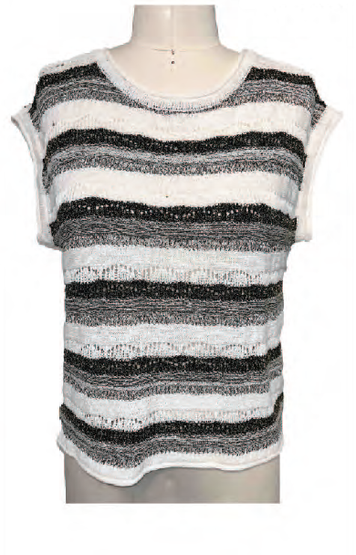 Sleeveless knit, black, gray and white striped, round neck, by Orly #811-02
