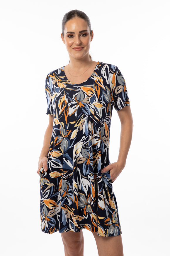 Short-sleeved dress with flower and leaf patterns on a black background, Bali #8379