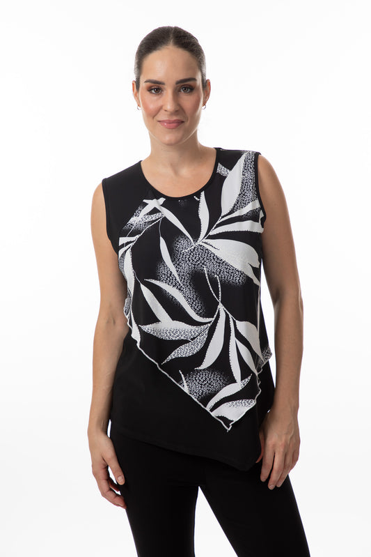 Black sleeveless top, round neck, white overlay pattern, by Bali #8575