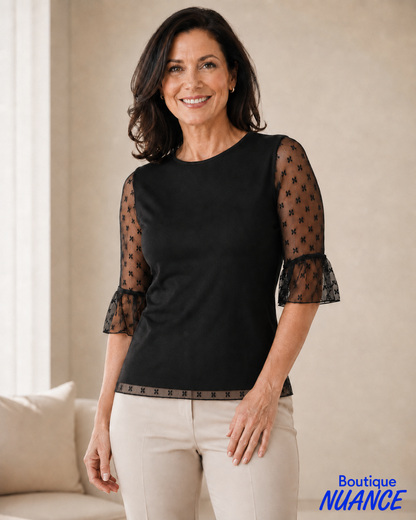 Mesh Three-Quarter Sleeve Top with Flared Ruffle - ISCA #8783-6296