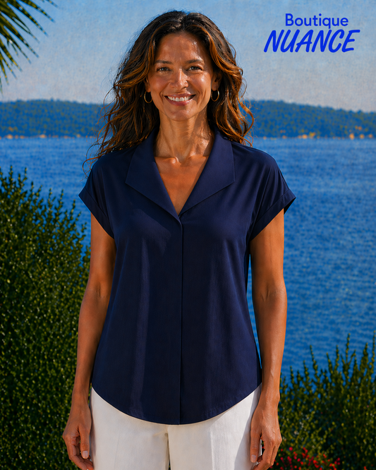 Haut tissé à col chemisier et encolure en V avec manches cap – ISCA #8808-5113