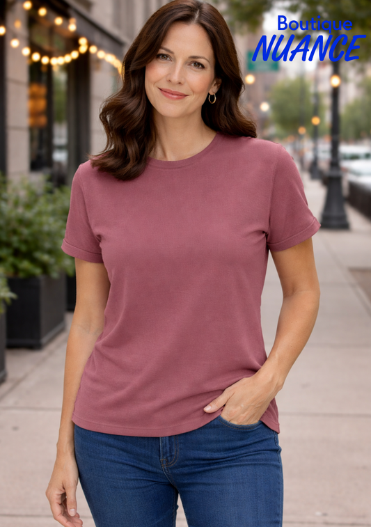 T-shirt doux à encolure ronde et manches à revers – ISCA #8809