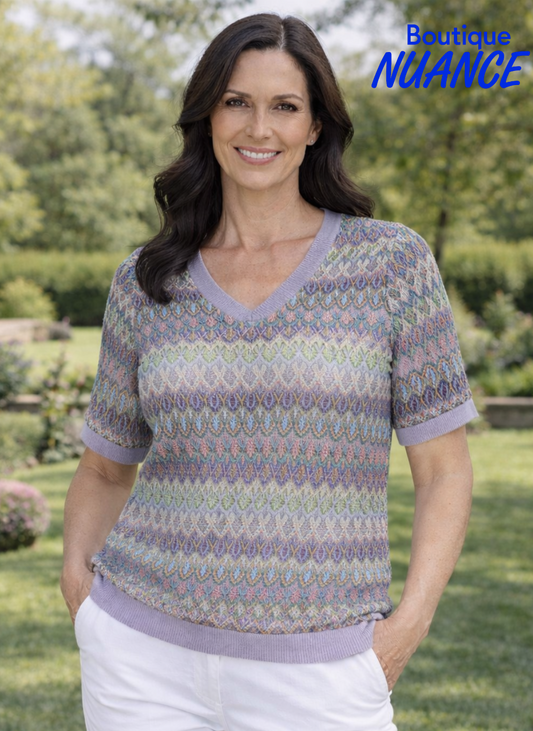 Haut en maille ajourée à encolure en V aux nuances harmonieuses – ISCA #8823-5291