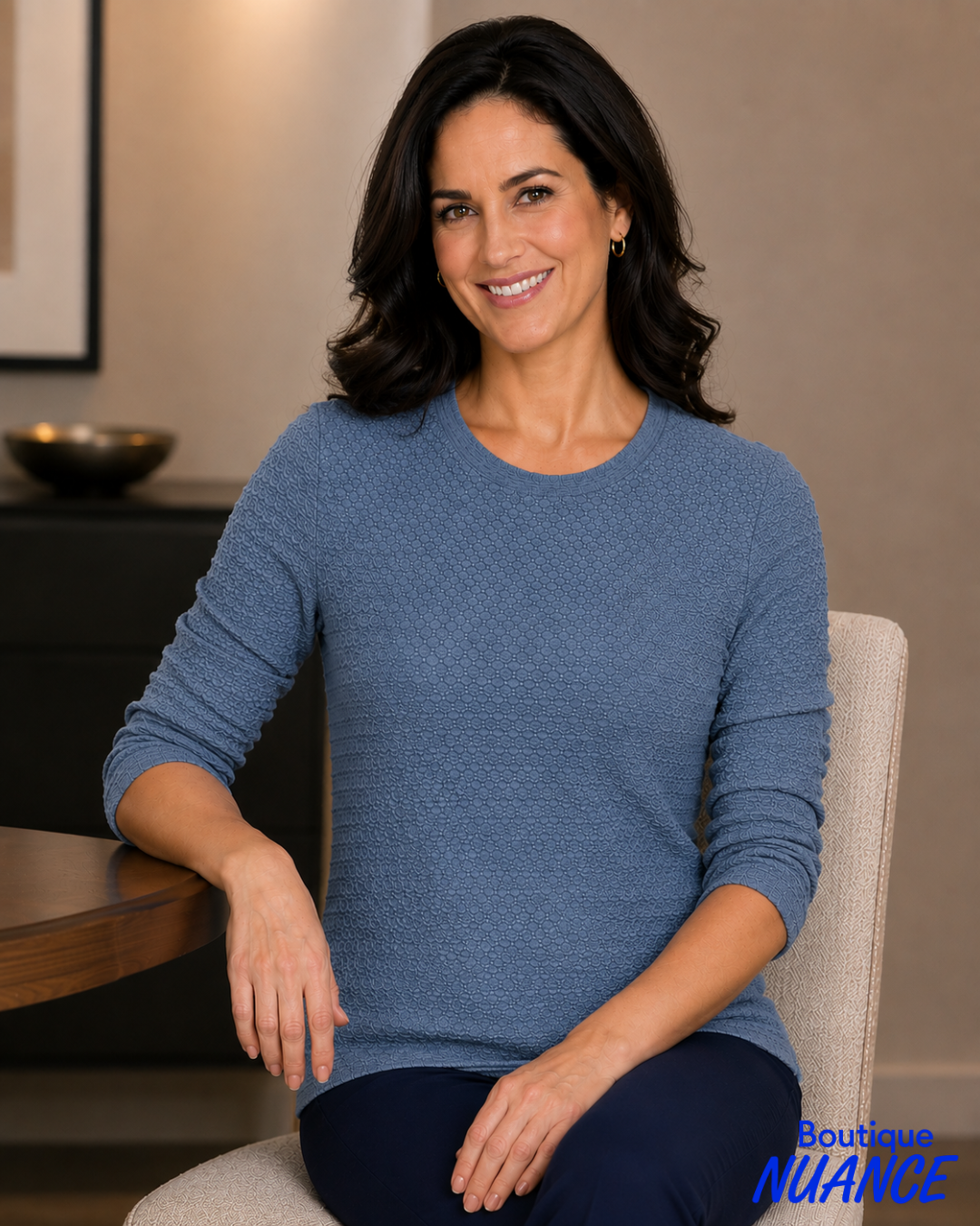 Textured Waffle-Knit 3/4 Sleeve Top - ISCA #8876-6341