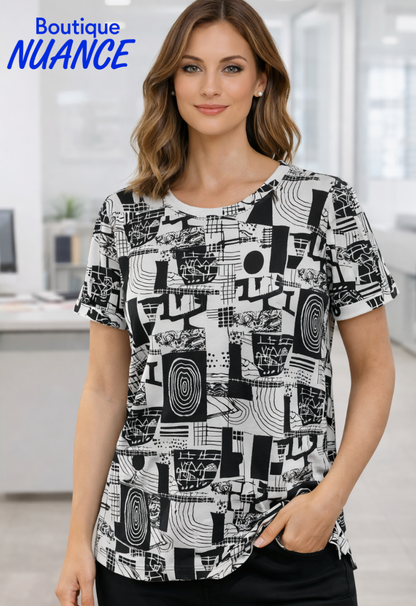 Haut blanc à imprimé graphique abstrait noir et manches à revers boutonnées – Bali #8906