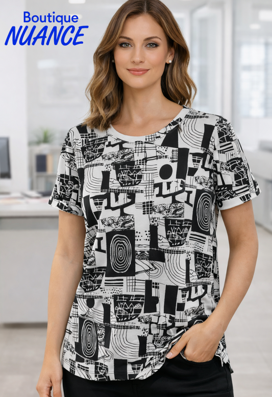 Haut blanc à imprimé graphique abstrait noir et manches à revers boutonnées – Bali #8906