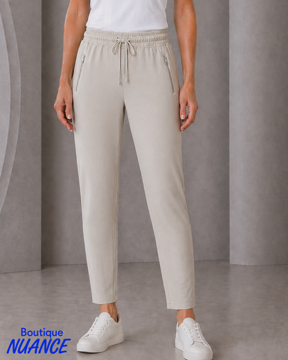 Beige pull-on pants with drawstring and zip details – Cherishh #C6464