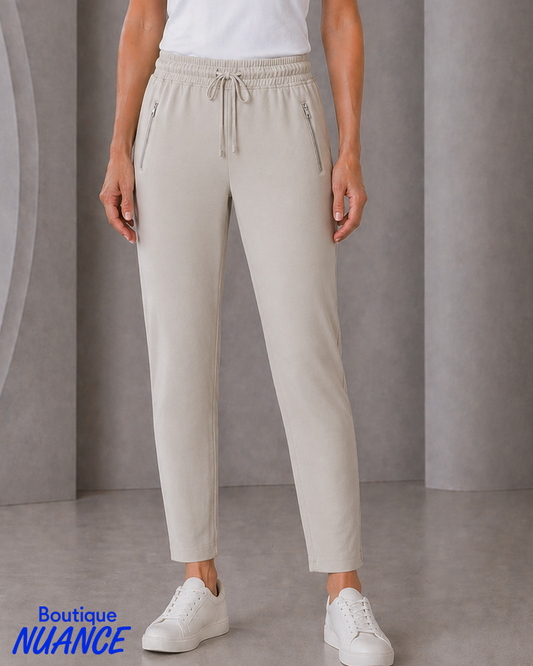 Beige pull-on pants with drawstring and zip details – Cherishh #C6464