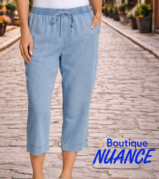 Capri en lyocell à jambe droite avec taille élastique et cordon – DKR & Company #CH-CAP