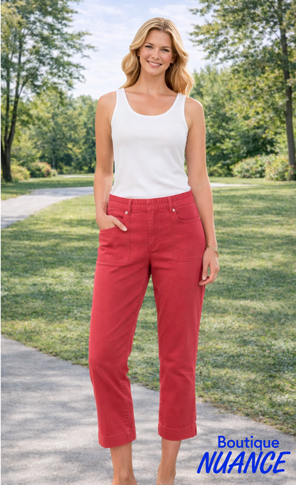 Pull-on Jeans with Pleated Elastic Waistband and Square Pockets – Tribal #2441O-2020W