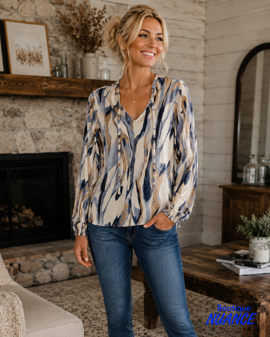 Blouse à encolure en V avec cordons et imprimé abstrait - Dévia #F763T