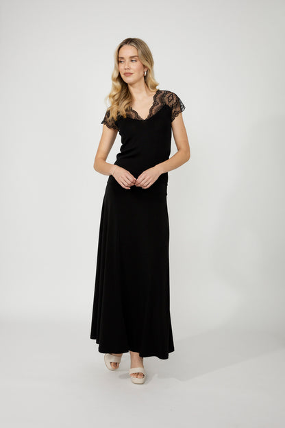 V-neck knit top with lace shoulders and sleeves by Frank Lyman #256725U
