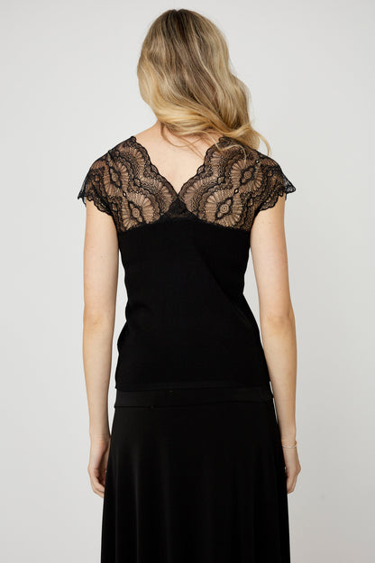 V-neck knit top with lace shoulders and sleeves by Frank Lyman #256725U