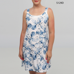 White sleeveless dress with blue floral pattern by Dévia #S129D