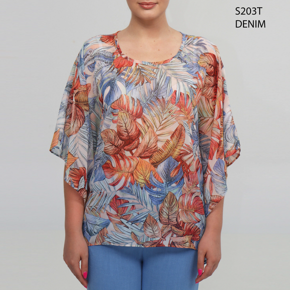 Round neck sweater, foliage pattern, ruffled sleeves by Dévia #S203T