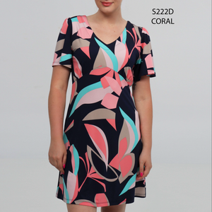 Short-sleeved dress, leaf prints in contrasting colors on a black background by Dévia #S222D