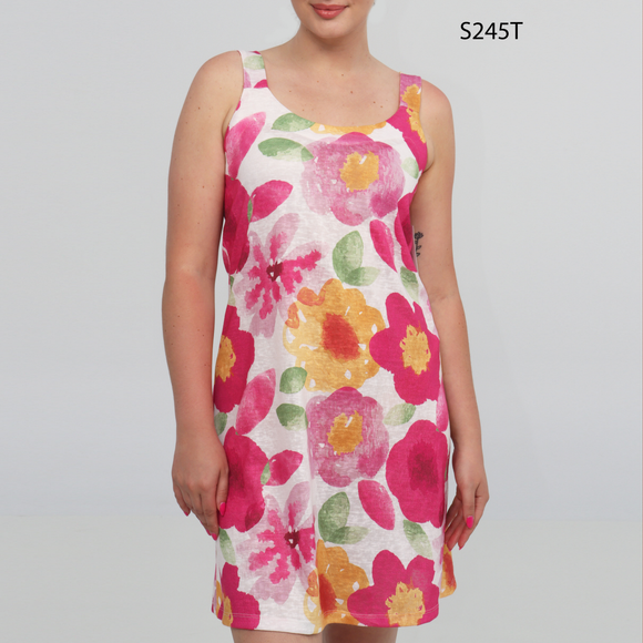 Sleeveless dress with fuschia floral pattern by Dévia #S245D