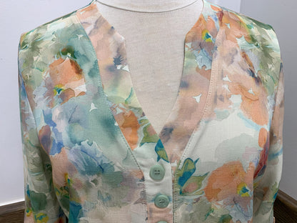 Green and orange floral print sweater, V-neck, 3/4 sleeves, by Dévia #S314T