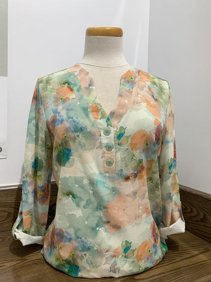 Green and orange floral print sweater, V-neck, 3/4 sleeves, by Dévia #S314T