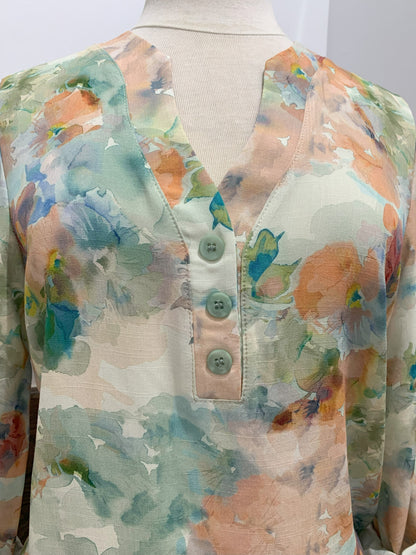 Green and orange floral print sweater, V-neck, 3/4 sleeves, by Dévia #S314T