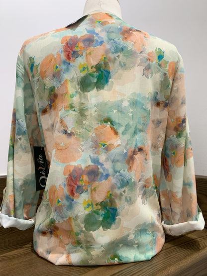 Green and orange floral print sweater, V-neck, 3/4 sleeves, by Dévia #S314T