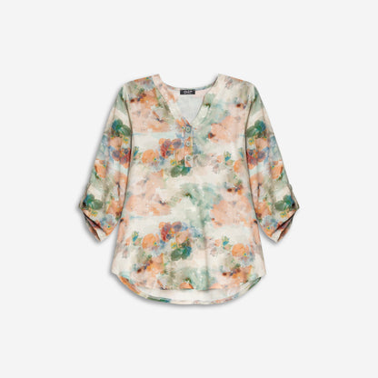 Green and orange floral print sweater, V-neck, 3/4 sleeves, by Dévia #S314T