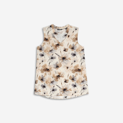 Beige sleeveless top with floral print, by Dévia #S370T