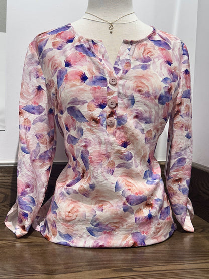 Pink Floral Patterned Sweater, V-Neck and 3/4 Sleeves, by Dévia #S390T