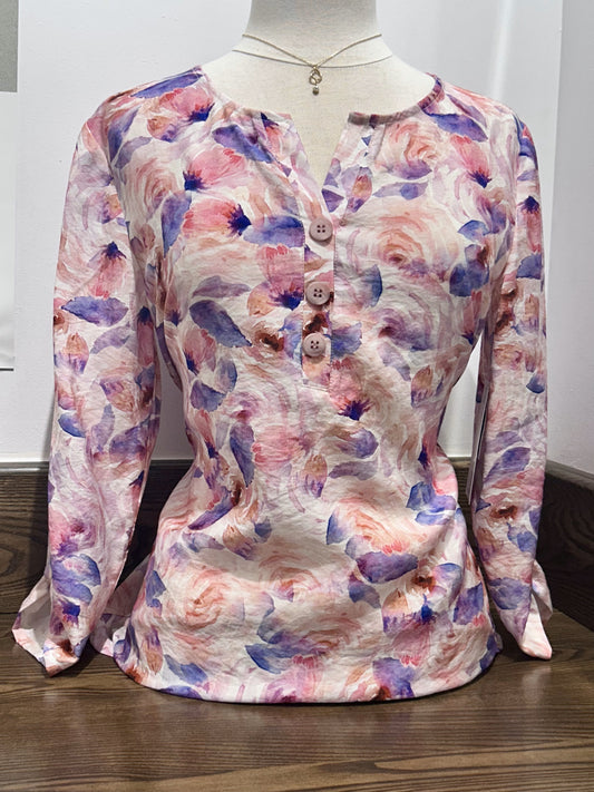 Pink Floral Patterned Sweater, V-Neck and 3/4 Sleeves, by Dévia #S390T