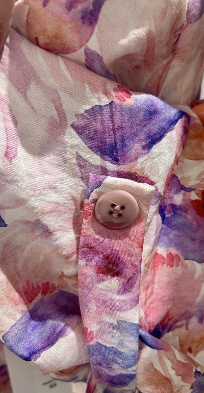 Pink Floral Patterned Sweater, V-Neck and 3/4 Sleeves, by Dévia #S390T