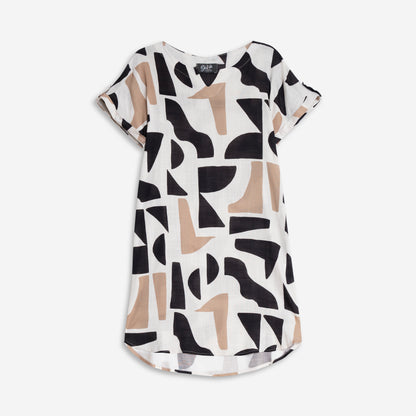 Robe à manches courtes, motifs abstraits de couleurs terre, par Dévia #S434D