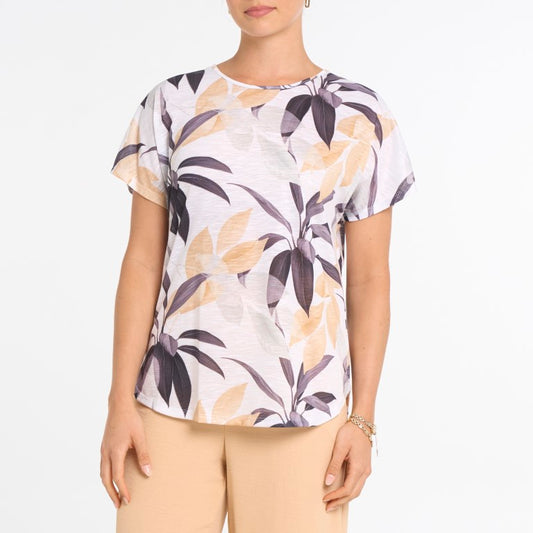 Haut à encolure ronde et manches courtes à motif feuillage – Dévia #S559T