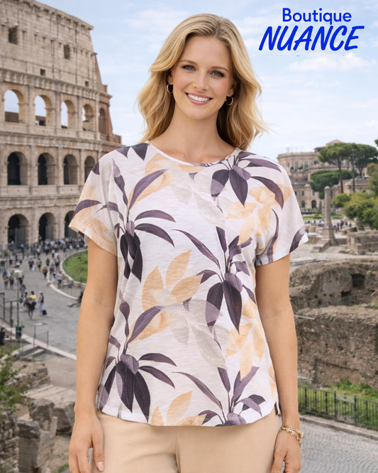Haut à encolure ronde et manches courtes à motif feuillage – Dévia #S559T