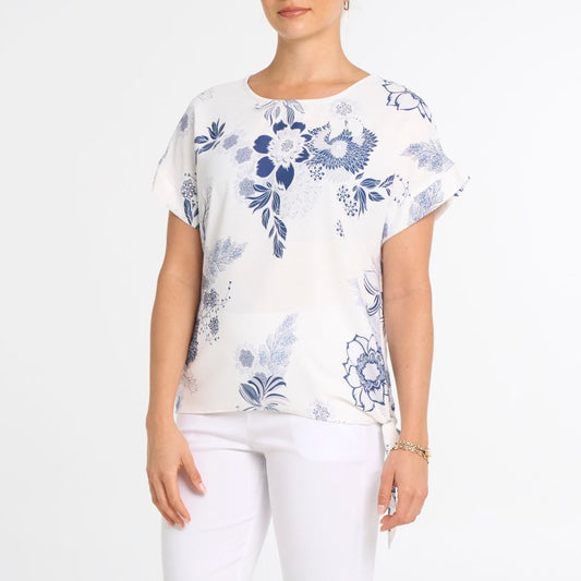 Haut floral à encolure ronde et nœud décoratif – Dévia #S587T