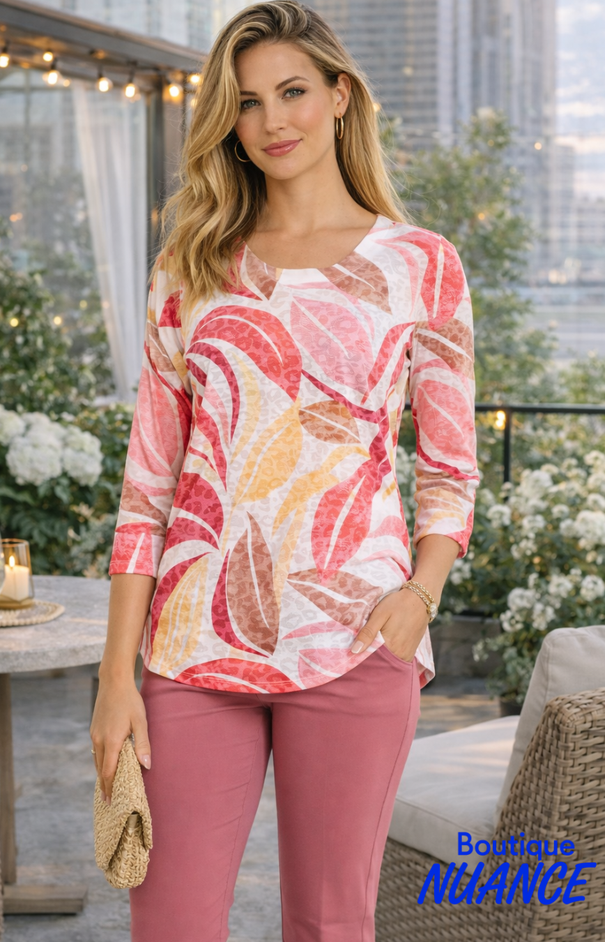 Haut à imprimé abstrait texturé et manches 3/4 – Dévia #S599T