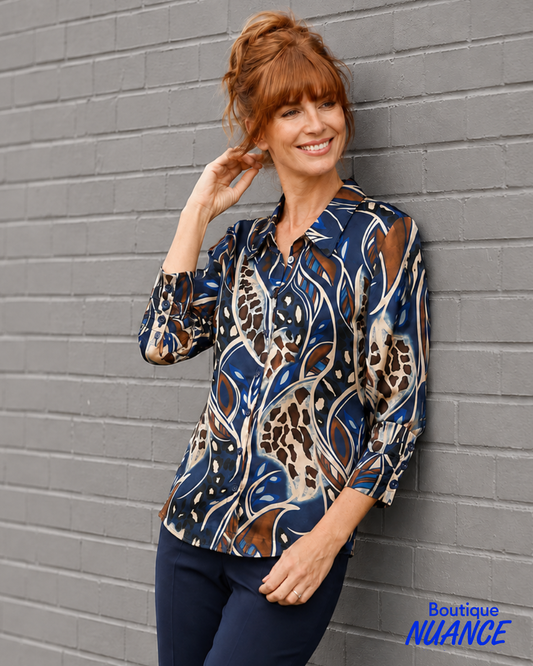 Chemisier satiné à imprimé feuillage et animalier – Tango Mango #T-7001